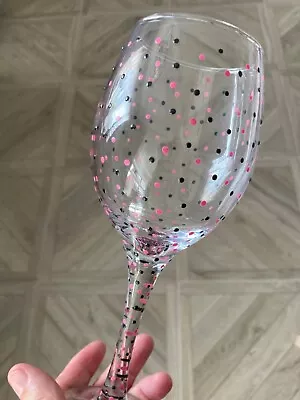 GIFT WRAPPED Hand Painted Pink/Black Wine Glass Hand Decorated Gift For Her • £8.50