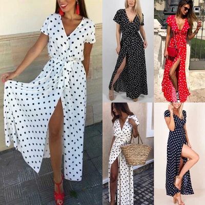 £11.29 • Buy Womens Ladies Pullover Polka Dot Paisley Sundress Loose Slit Maxi Long Dress