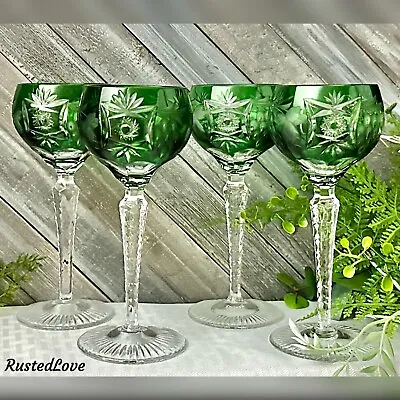 Nachtmann Traube Crystal Green Wine Glasses Cut To Clear German Vintage Glass 4* • $370