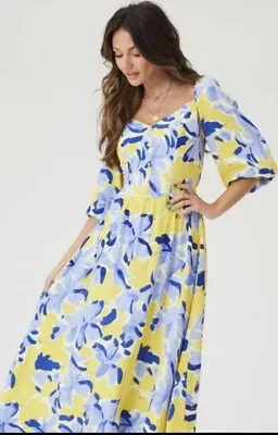 Michelle Keegan Midi Dress Size 18 Yellow Blue Floral Print Tie Back Womens • £12.49