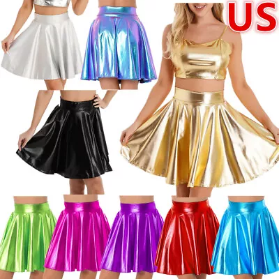 US Women's Shiny Metallic A-Line Skirt Elastic High Waist Flared Short Skirt • $15.61