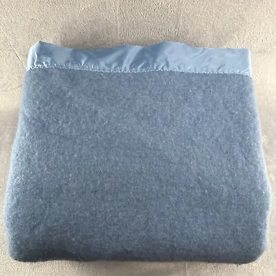 Vintage 100 Percent Wool With Satin Trim Blanket 85  X 65” Blue Made In America • $33.99