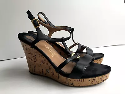 SALVATORE FERRAGAMO Black Leather Sandal Wedges Sz 38 Fits 7.5 GUC • $149
