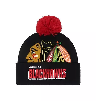 Mitchell & Ness Men's Beanie NHL Chicago Blackhawks Punch Out Black Pom Knit Hat • $20