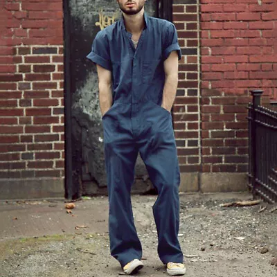 Mens Casual Short Sleeve Work Jumpsuit Pants One Piece Rompers Overalls Trousers • $27.23