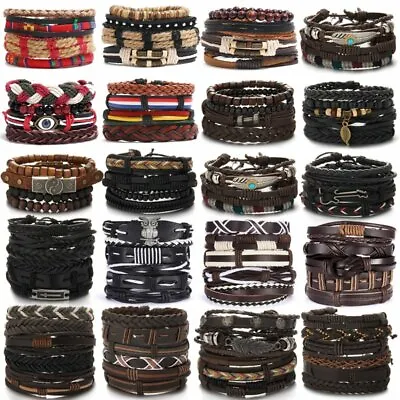 Punk Men Braided Multilayer Leather Bracelets Set Bangle Wrap Wristband Jewelry • $3.33