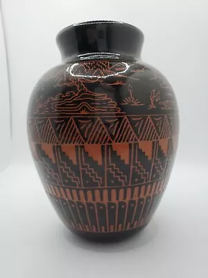 Larry Skeets Navajo Art Pottery Vase Etched Scene  Monument Valley  • $129