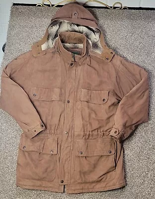 Vintage 90s Field & Stream Brown Leather Full Length Hooded Coat Flannel Lined • $42