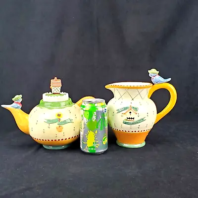 2pc Pelzman Vandor Birdhouse Blue Bird Teapot WELCOME HOME Garden 36oz + Pitcher • $12.50