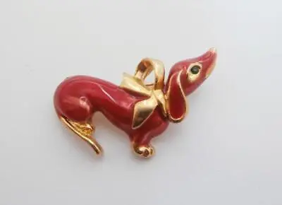 BN Vintage 1980's Gold Metal & Coral Red Enamel Dachshund Dog Brooch  Deadstock • £19.99