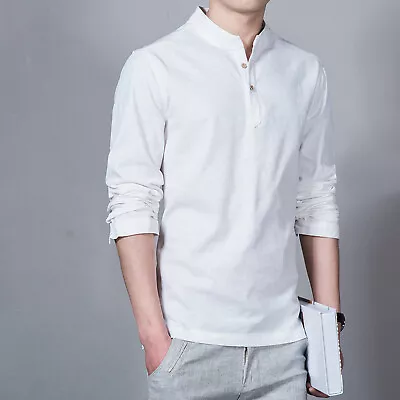 Fashion Men's Casual Solid Color Linen High Collar Long Sleeve Slim Fit T-shirt • $22.49