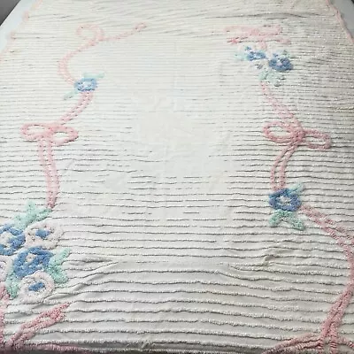 Vintage Chenille Baby Blanket Pink White Floral Cotton Textured Mcm Retro • $19.99