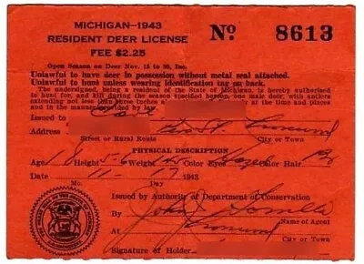 Vintage 1943 Michigan Resident Deer License #8613 • $11.99
