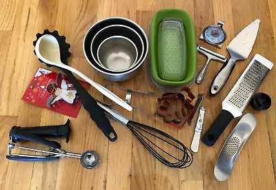 Large Kitchen Junk Drawer Lot Utensils Mixing Bowls Cookie Cutters Grater • $13.49