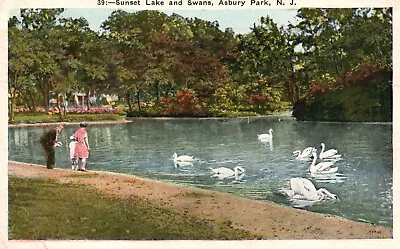 Postcard NJ Asbury Park Sunset Lake & Swans 1930 White Border Vintage PC F2934 • $2