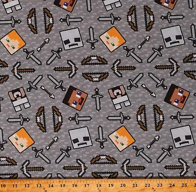 Cotton Minecraft Pixels Toile Video Games Gray Fabric Print By Yard D188.13 • $11.95