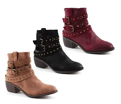 Womens Block Heel Ankle Cowboy Western Vegan Leather Zip Up Boots Shoes Size  • £17.99