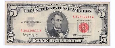 1963  $5 Dollar Bill United States Red Seal  A39839411A   Please  CSCANS  Rare • $12.99