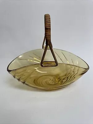 Art Deco Walther Sohne Amber Pressed Glass Basket With Wicker Handle • £5.99