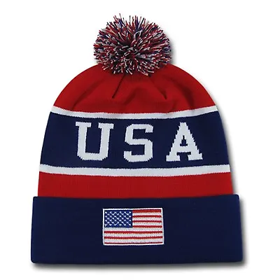 USA Flag US American Patriotic Winter Team Olympics Games Pom Beanie Beanies • $24.95