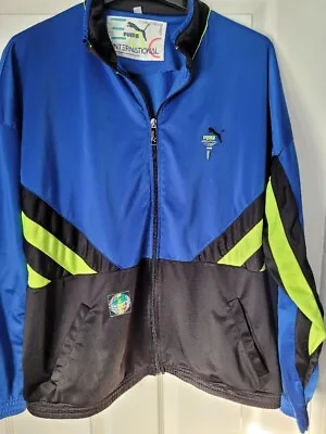 VTG Puma International Track Jacket Men Size L 38 Blue Embroidered Olympic Torch • £10