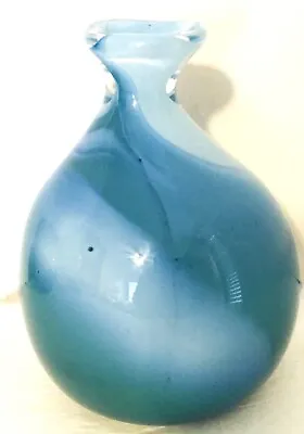 H.B. Moore Hand Blown Art Glass Vase Blue & Aqua Swirls 5.5 H 1989 Signed EUC • $15.99
