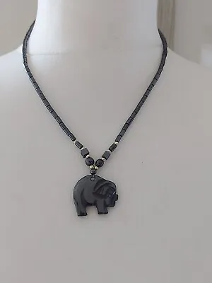 Vintage Haematite Carved Elephant Pendant & Gold Tone Beaded Necklace • £15