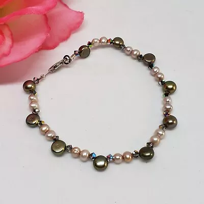 Vintage Peacock Beige Freshwater Pearl Beaded Bracelet 925 Sterling Silver Clasp • $19.95