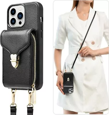 IPhone 12/ 12 PRO Max Black Wallet Cell Case Folio Crossbody Chain & Wrist Strap • $19.99