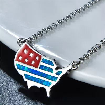 Fashion Personalized Us Flag Charm Blue Simulated Opal Silver Pendant Necklace • $0.73