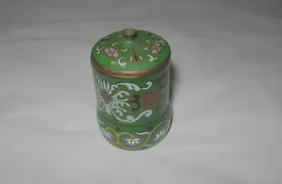$65 • Buy Vintage Chinese Cloisonne Enamel Green Barrel Signed Jar Box Floral Design