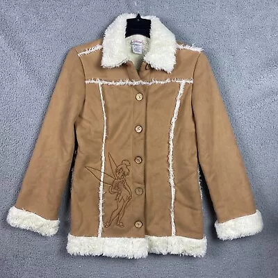 Vintage Disney Jacket Women Medium Brown Tinkerbell Faux Suede Fur Lined Midi • $38.95