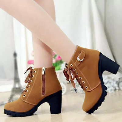 Womens Casual Chunky High Block Heel Boots Roune Toe Lace Up Platform Ankle Shoe • $25.99