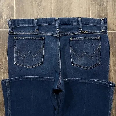 Vintage 70s Wrangler Short 957 Bell-Bottom Dark Wash Denim Blue Flare Jeans • $45