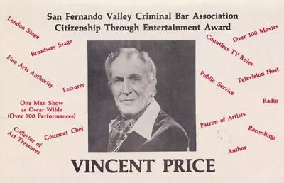 Vincent Price HUGE Signature On 5x7 Award Brochure • $95