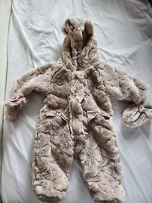 TED BAKER BABY GIRL BEIGE FURRY SNOWSUIT PRAM SUIT WITH OIL PAINTING LINING 0-3m • £15