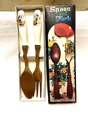 Vintage Disney Mickey Mouse Salad Fork & Spoon Set Wood Retro Kitchen Japan • $9.99