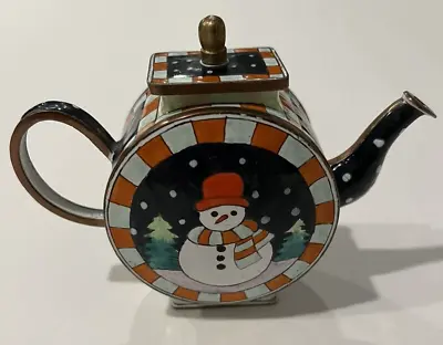 Vintage Kelvin Chen Enamel Copper Hand Painted Miniature Teapot Snowman Winter • $27