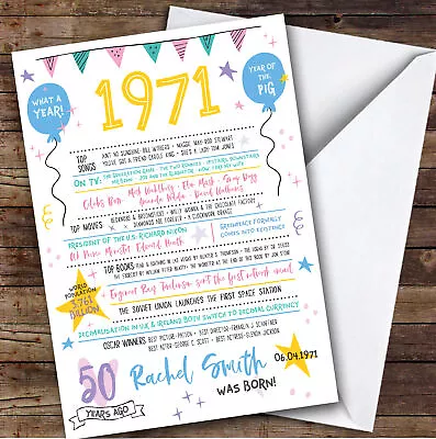 1971 Pastel Colours Any Age Year You Were Born Facts Personalised Birthday Card • £6.59