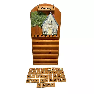 Folk Art Wooden Perpetual Calendar Blue Country House Tiles Day Month Vintage • $29.95