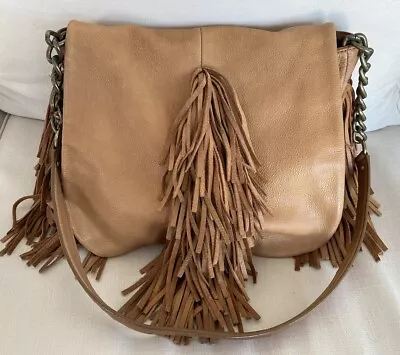 Oroton Leather Crossbody Fringed Shoulder Bag Tan • $155