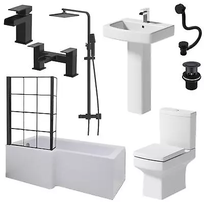 Complete Bathroom Suite Black 1700mm L Shape LH Bath Screen Basin WC Shower Taps • £765.13