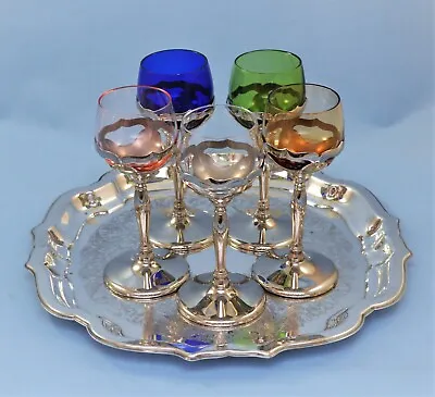 Vintage Farber Bros Chrome Multicolor Glass 5 Cordials W/ Silverplate Tray • $55