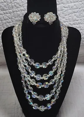 Vintage Austrian Crystal Beads 5 Strand Necklace & Earrings Set Aurora Borealis • $110
