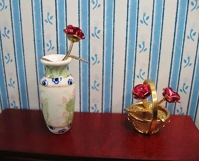 Dollhouse Miniatures 1:12 Brass Basket Of Flowers & Porcelain Vase With Rose • $18