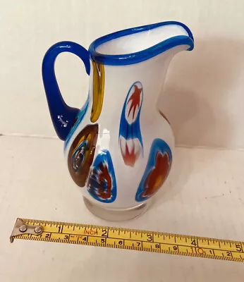 VINTAGE HAND BLOWN MURANO END OF DAY MILLEFIORI GLASS Pitcher 6” Cobalt Blue • $37.90