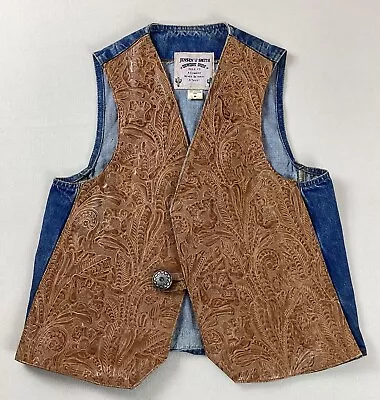 Vintage Jensen Smith Leather And Denim Western Vest Waistcoat Made In USA Size M • £65