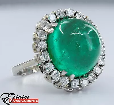 AGL Certified Colombian Emerald Cabochon Diamond 18K White Gold Ring • £27706.31