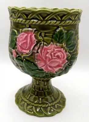  Rambling Rose Green Basket Weave Vase Pink Roses Green Basket Large Goblet • $24.96