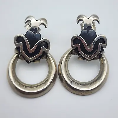 Vtg Giles Tasco Mexico Sterling Silver Aztec Mayan Tribal Dangle Hoop Earrings • $77.50